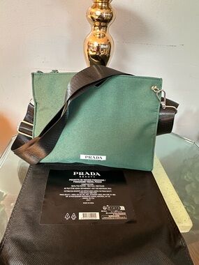 Prada Green Nylon Messenger Bag with Black Strap